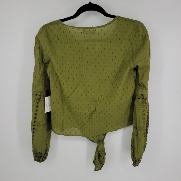 Japna Olive Green Front Tie Eyelet Balloon Sleeve Top Women’s Size Small - Picture 6 of 6